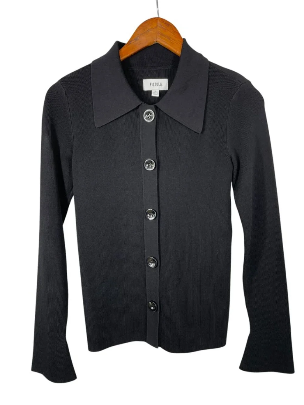 Pistola Ribbed Button Front Cardigan Black Collared Knit Top S